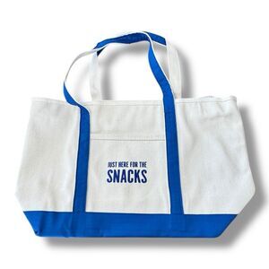 NEW Canvas Tote Bag Blue Cream Just Here For The Snacks Travel Beach Groceries